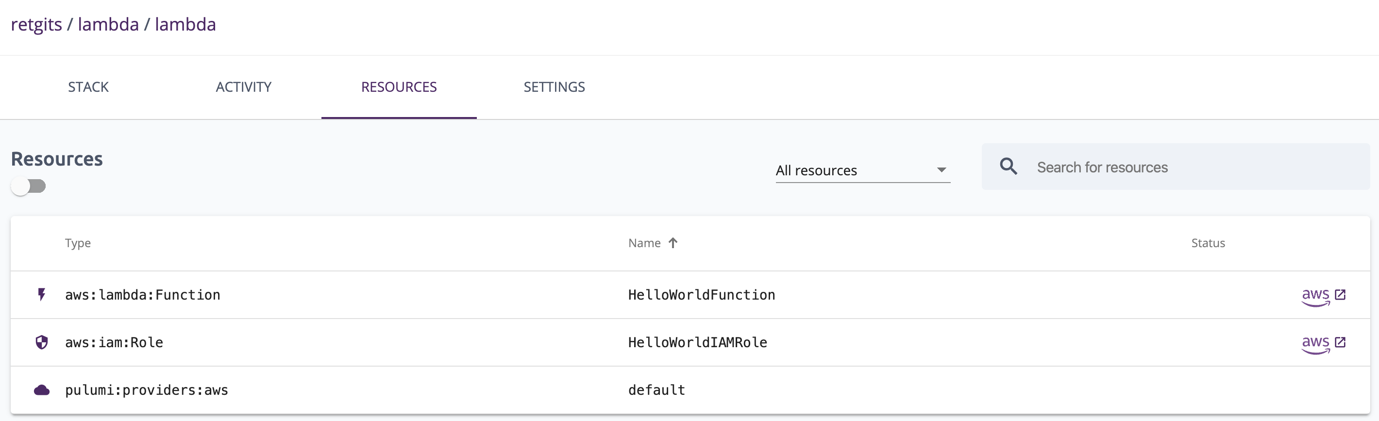 The Pulumi console also has really useful links to the AWS console to see the resources.