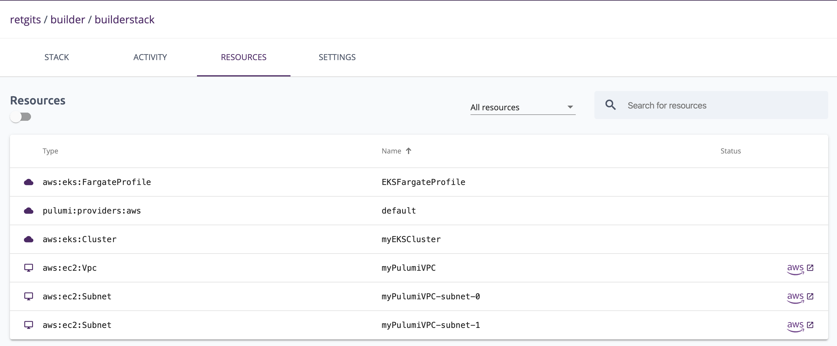 The Pulumi console also has really useful links to the AWS console to see the resources.